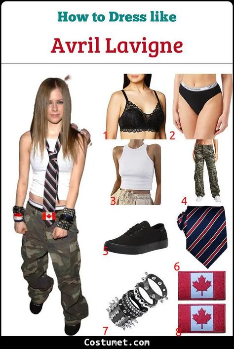 Avril Lavigne Costume for Cosplay & Halloween 2023 Halloween Costumes Avril Lavigne, Avril Halloween Costume, 90s Fit Ideas, Avril Lavigne Costumes, 2000s Avril Lavigne Outfits, Rockstar Looks Women, Avril Lavigne 2000 Style, Avril Lavigne 2000, Young Avril Lavigne