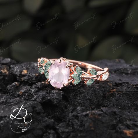 Vintage Oval Cut Rose Quartz Engagement Ring Nature Inspired Cluster Promise Ring Rose Gold Art Deco Leaf Pink Gemstone Branch Bridal Ring --->Ring details: - Theme:Romantic Wedding & Engagement - comfortable band - Center Stone :Rose Quartz - Carat: 6*8mm - Side stone : moss agate +  moissanite - Side stone:0.48ctw - wedding band :Lab opal + moss agate  - 0.12ctw  Materials: - 14k rose gold/14k white gold /14k yellow gold --->Accessories: - beautiful jewelry boxes, and some of little gifts. --- Pink Stone Engagement Rings, Rose Quartz Engagement Ring, Rose Quartz Wedding, Engagement Ring Nature, Rose Quartz Ring Engagement, Cute Promise Rings, Pink Engagement, Rose Gold Art, Nature Engagement Ring