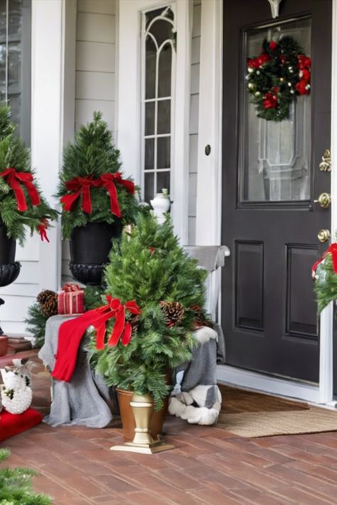 Dress up your porch with seasonal potted plants. From poinsettias to mini evergreens, find ideas for creating gorgeous holiday container gardens. Poinsettia Porch Decor, Plant Inspiration, Christmas Front Porch, Front Porch Christmas Decor, Container Gardens, Porch Decor, Poinsettia, Container Gardening, Potted Plants