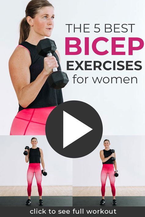 The BEST bicep exercises you can do at home to build bigger and stronger biceps! Standing dumbbell curls, hammer curls, crossbody concentration curls -- the 5 best bicep exercises with dumbbells in a 20-minute biceps workout at home. A complete bicep burnout to build strong, defined biceps. Bicep Exercises For Women, Excercise Arms, Bicep Workout At Home, Best Bicep Exercises, Tricep Workout Women, Bicep Workout Women, Dumbbell Bicep Workout, Biceps Workout At Home, Best Bicep Workout