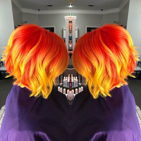 This fiery orange to bold yellow balayage gives me life. #pulpriotisthepaint #vividhair #vivalavivids #orangehair #yellowhair #balayage #thatblendtho #aperfectimagesalon #nofilter Red Orange Yellow Hair Short, Orange Roots Purple Hair, Fall Color Pixie Hair, Red To Yellow Hair, Red And Yellow Hair Color, Red To Yellow Ombre Hair, Fire Hair Short, Yellow Orange Hair Color, Fire Colored Hair