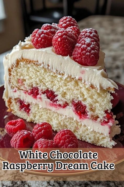 Delicious White Chocolate Raspberry Dream Cake Recipe White Chocolate Raspberry Dream Cake, Raspberry Christmas Cake, White Chocolate Berry Cake, White Cake With Raspberries, Birthday Cake Raspberry, White Chocolate Raspberry Cake Recipe, White Chocolate And Raspberry Cake, Raspberry And White Chocolate Cake, Raspberry Jam Cake Recipe