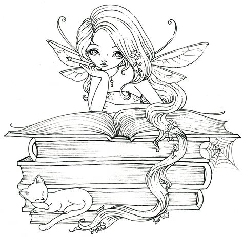 Fairy book lover. Perhaps she's reading Fairy Tales Adult Colouring Printables, Fairy Drawings, Fairy Coloring Pages, Fairy Tattoo, Colouring Printables, Fairy Coloring, Adult Coloring Book Pages, Coloring Pages To Print, Coloring Book Art