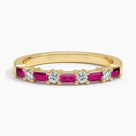 Leona Lab Ruby and Diamond Wedding Ring - 18K Yellow Gold. This vintage-inspired ring features shimmering lab ruby baguettes alternating with round diamonds for an eye-catching look. The delicate, high polish band adds distinctive appeal (1/10 total carat weight).   As a Brilliant Pick, this piece displays the best and brightest in fashion and design and is beloved by Brilliant Earth designers and customers alike. Colorful Wedding Ring Stack, Senior Ring, Senior Rings, Ruby Wedding Band, Ruby And Diamond Ring, Ruby Wedding, Wedding Anniversary Rings, Ring Ideas, Diamond Wedding Ring