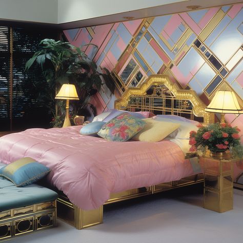 #1980sDecor #RetroBedroom #BrassAccents #PastelPalette #VintageInspiration #pinkroom 80s Glam Bedroom, 80s Inspired Bedroom, 80’s Bedroom, Pink Gold Bedroom, Funky Kitchens, Retro Bedroom Ideas, 80s Room Aesthetic, 1980s House, 1980s Interior