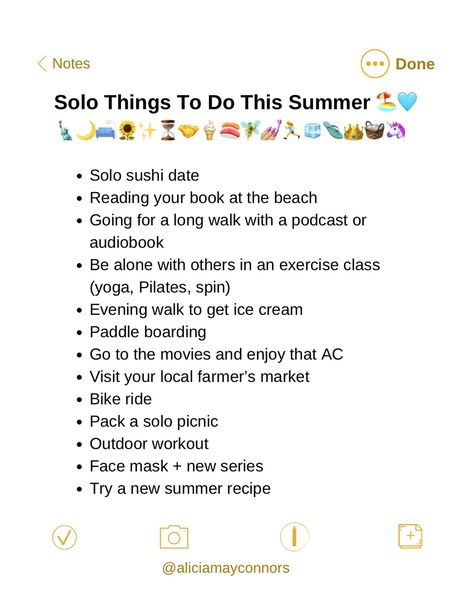 in the spirit of spending more solo time this summer while Ryan is away (lucky for me, I actually enjoy spending time by myself, but I do miss him on weekends 😉), I thought I’d make a list of things I’ve done, am doing, or plan on doing! another thing I plan to do is start planning our next trip. 🌍 . . . #solosummer #summerplans #solotrip #solotravel #summer2024 #todolists Things To Do By Myself Ideas, Things To Do For Myself, Fun Things To Do Alone, Solo Vacation, Solo Activities, Make A List, Things To Do Alone, Miss Him, Summer Plans