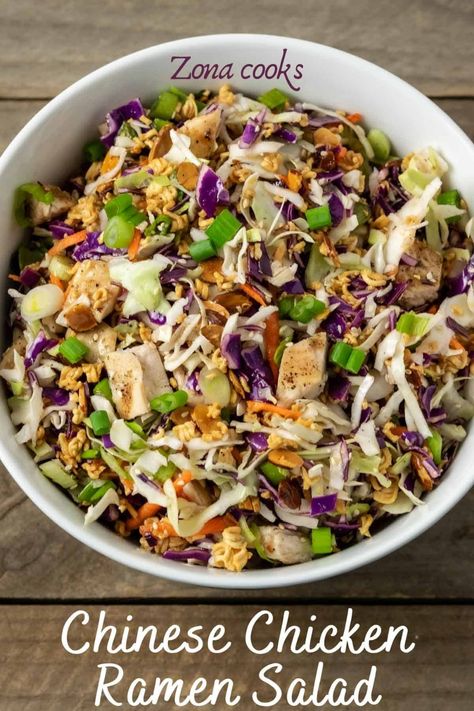 This Chinese Chicken Ramen Salad is quick and easy to make. It’s crunchy with a hint of sweetness and super delicious. Cooked chicken is added to crunchy toasted ramen noodles, sliced almonds, coleslaw mix, green onions, and sesame seeds topped with a delicious homemade dressing. Add a sprinkle of cayenne for some spicy heat. This Chicken Ramen Noodle Recipe makes a great lunch, dinner, or date night meal for two. Asian Crunch Salad Chinese Chicken, Chinese Ramen Noodle Recipes, Chinese Chicken Salad With Ramen Noodles, Ramen Topping Ideas, Top Ramen Salad, Ramen Cabbage Salad, Top Ramen Recipes, Chicken Ramen Noodle Recipes, Ramen Noodle Recipe