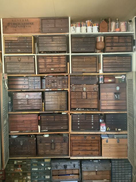 Vintage Craft Room, Hair Horn, Old Tool Boxes, Collection Room, Dresser In Closet, Castle Decor, Blue Dolphin, Furniture Architecture, Craft Room Design