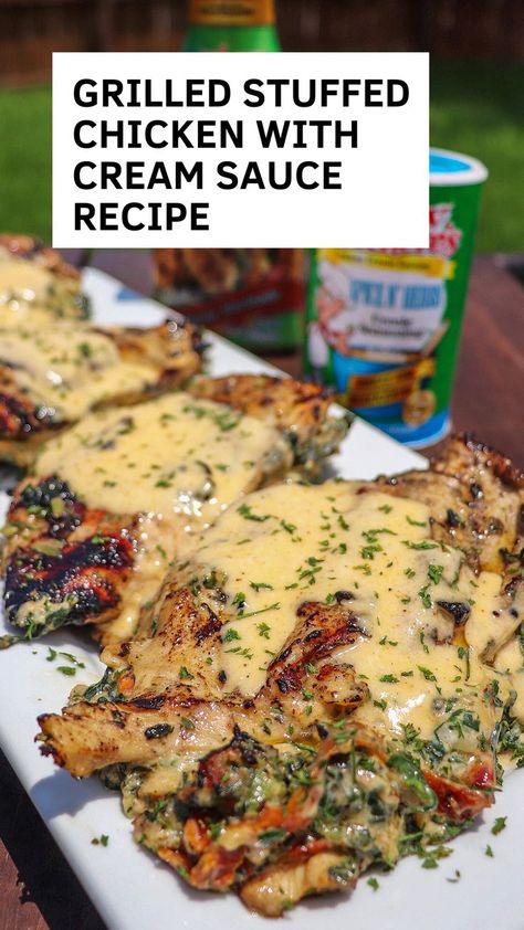 Seasoned with Tony's inside & out, this stuffed chicken will be one of your favorite meals off the grill 🔥 Chicken With Cream Sauce, Grilled Stuffed Chicken, Grilled Chicken Breast Recipes, Cream Sauce For Chicken, Cream Sauce Recipe, Grill Chicken, Recipes Oven, Cream Sauce Recipes, Makanan Diet