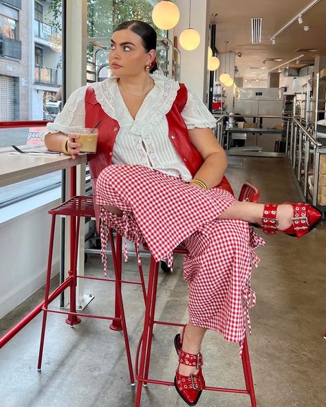 Red Slingback Outfit, Gingham Style Outfits, Red Gingham Skirt Outfit, Ganni Ballerinas Outfit, Black And White Gingham Pants Outfit, Ballet Flats Spring Outfits, Ganni Inspired Outfits, Red Ganni Flats Outfit, Red Gingham Pants Outfit