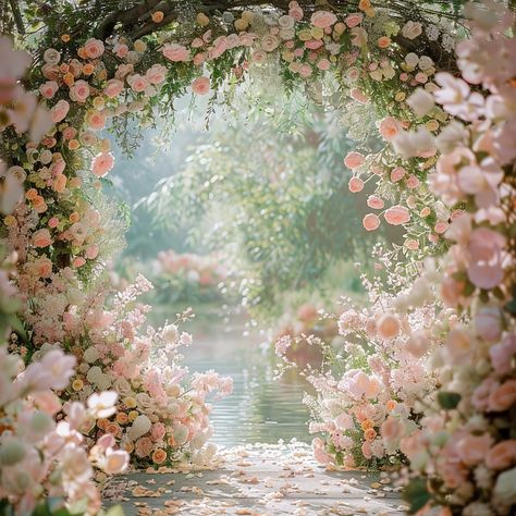 Enchanted Garden Arches - Outdoor Wedding Arches: Gateway to Romance  Step into a Monet-inspired romance with these pastel-adorned garden arches, perfect for saying "I do" under the spring sun. Enchanted Garden Background, Garden Themed Backdrop, Wedding Venues Spring, Pastel Fairytale Wedding, Spring Fairytale Wedding, Secret Garden Themed Wedding, Sunset Garden Wedding, Wedding Spring Theme, Enchanted Garden Theme Party