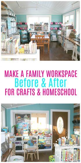 Make an awesome family workspace for crafts and homeschool... #craftroom #studio #homeschoolroom #creativespace Family Workspace, Quilting Storage, Space Learning, Dollar Diy, Office Fun, Craft Closet, Arts And Crafts Storage, Room Organisation, Maker Space