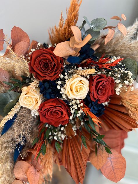 “Sapphire Fire” – Lunaria Flowers Fire Bouquet, Navy Blue Bouquet, Brides Flowers Bouquet, Rust Wedding, Native American Wedding, Blush Bouquet, Boho Wedding Bouquet, Preserved Roses, Gold Wedding Cake