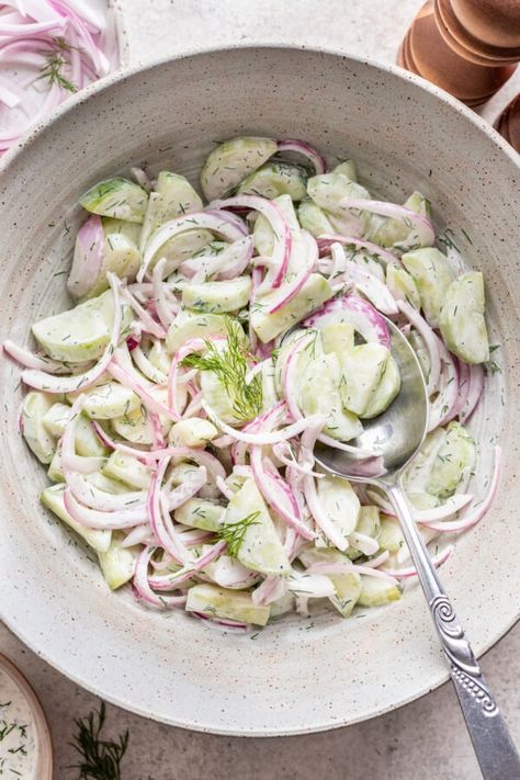 No Cook Creamy Cucumber Salad with Dill - Well Seasoned Studio Tomatoes Photography, Cucumber Salad With Dill, Dill Cucumber Salad, Dill Cucumber, Recipes With Vegetables, Deviled Egg Potato Salad, Salad With Dill, Cookout Menu, Easy Summer Side Dishes