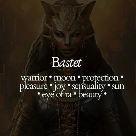 🌟 Who is Bastet? Bastet is one of the most beloved deities in ancient Egyptian mythology. She is the goddess of home, fertility, childbirth, women's secrets, and cats. Often depicted as a lioness or as a woman with the head of a lioness or domestic cat, Bastet embodies both fierce protection and nurturing gentleness. 🌟 Symbols of Bastet: Cats: Representing grace, agility, and protection. Sistrum: A musical instrument symbolizing joy and festivity. Ankh: The symbol of life. Eye of Horus: Pr... Bastet Art Goddess, Basset Egyptian Goddess, Bastet Goddess Witchcraft, Bastet Aesthetic, Chakra Prompts, Bastet Goddess Art, Bastet Altar, Bast Goddess, Cat Symbolism