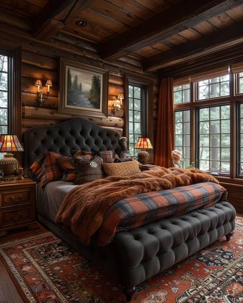 Spa Inspired Bedroom, Log Bedroom, Farm Bedroom, Lake Houses Exterior, Living Room Wall Decoration, Romantic Bed, Western Bedroom, Classy Bedroom, Room Wall Decoration