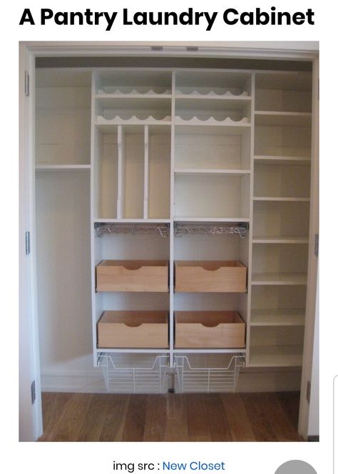 A laundry closet converted into a perfectly-organized pantry with pull-out drawers and baskets for vegetables, wine glass rack, verticle sections for cookie sheets, wine rack, and tall shelves for appliances Small Pantry Closet, Pantry Shelving Ideas, Pantry Redo, Closet Pantry, Contemporary Closet, Small Bedroom Remodel, Pantry Room, Pantry Shelves, Custom Pantry