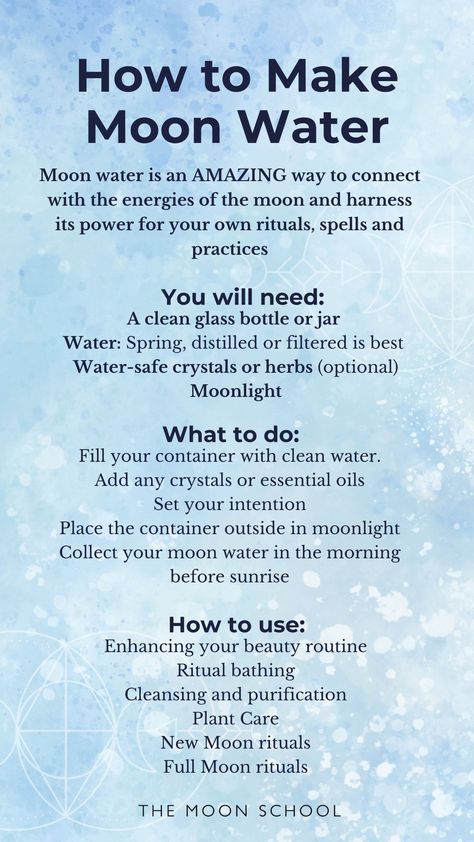 How to Make Moon Water in 2024 💦 How To Make Full Moon Water, Ways To Use Moon Water, How To Make Moon Water Witchcraft, Making Moon Water, Moon Water Recipes, Moon Water How To Make, Moon Water Spells, How To Make Moon Water, Moon Water Uses