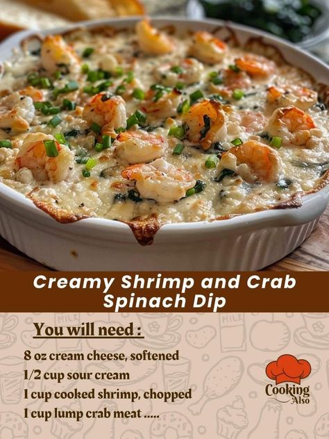 Crab And Spinach Dip Recipe, Crab Spinach Dip, Shrimp And Crab Dip, Seafood Dip, Cooked Shrimp, Spinach Dip Recipe, Crab Dishes, Creamy Shrimp, Crab Dip