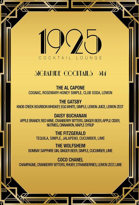 Menu Roaring 20s Menu Food Ideas, 1920s Party Food, Speakeasy Menu, 1920 Theme Party, Harlem Nights Theme, Roaring 20s Birthday Party, Hard Drinks, Virgin Cocktails, Speakeasy Party