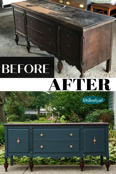 before and after rescued antique sideboard buffet makeover do it yourself custom painted general finishes milk paint karin chudy Sideboard Buffet Makeover, Sideboard Makeover, Mebel Antik, Antique Sideboard Buffet, Easy Furniture Makeover, Diy Sideboard, Outdoor Buffet, Antique Room, Buffet Makeover