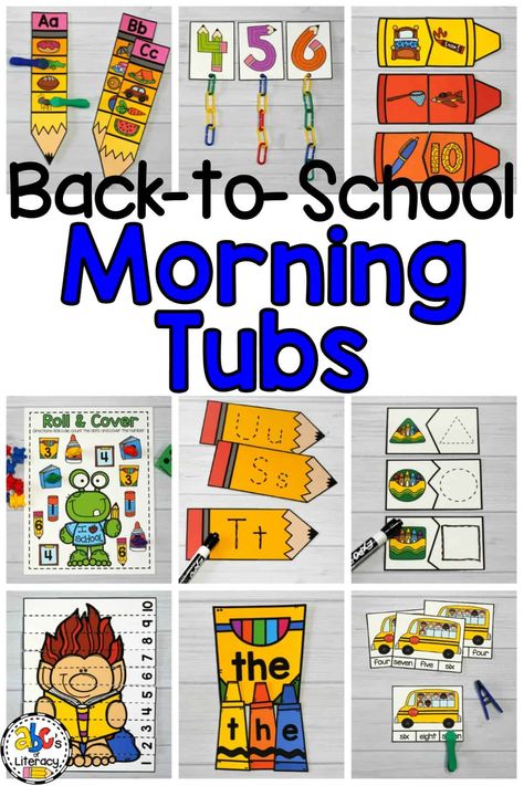 These Back-to-School Morning Tubs are fun activities to learn and review literacy and math concepts and get students ready for a productive day of learning. Morning Centers, Back To School Morning, Beginning Of Kindergarten, Kindergarten Morning Work, Morning Tubs, School Morning, Busy Boxes, Kindergarten Centers, Kindergarten Fun