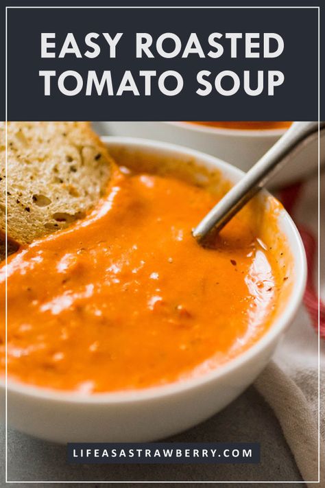 Easy Vegan Roasted Tomato Soup - This simple, healthy tomato soup is one of our favorite summer recipes! Roasted tomatoes, onion, garlic, and vegetable stock make a quick homemade soup perfect for summer or fall. Made from scratch with no cream and no dairy. Vegetarian. #soup #tomatosoup #vegan Healthy Tomato Soup, Tomatoes Roasted, Vegan Tomato Soup, Roasted Tomato Soup, Vegan Roast, Meat Free Recipes, No Dairy, Best Vegetarian Recipes, Tomato Soup Recipes