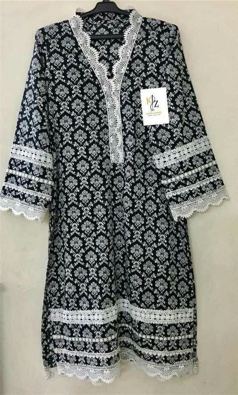 Lace Frock Designs For Women, Kurti Lace Designs Latest, Neck Lace Designs For Kurtis, Simple Suit Designs With Laces, Laces Designs On Suits, Pakistani Lace Kurtas, Lace Design On Suits Latest, Lace Kurti Design, Cotton Lace Design On Suits