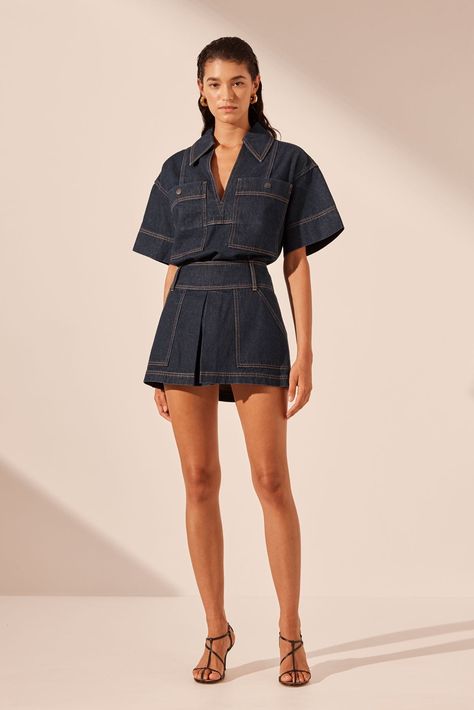 RITA PLEAT MINI SKIRT | DEEP INDIGO | SKIRTS | SHONA JOY Jeans Two Piece Outfit, Denim On Denim Skirt Outfit, Indigo Denim Outfit, Short Skirt Outfits Aesthetic, 90s Fashion Colorful, Dark Denim Skirt Outfit, Denim Pleated Skirt Outfit, Clothes Branding, Dark Blue Jeans Outfit