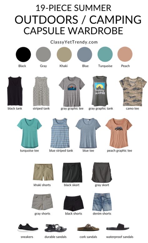 19-Piece-Outdoors-Camping-Summer-2020-Capsule-Wardrobe Camping Capsule Wardrobe, Create Capsule Wardrobe, Summer Camping Outfits, Camping Outfits For Women, Capsule Wardrobe Women, Grey Denim Shorts, Classy Yet Trendy, Black Skort, Travel Capsule Wardrobe