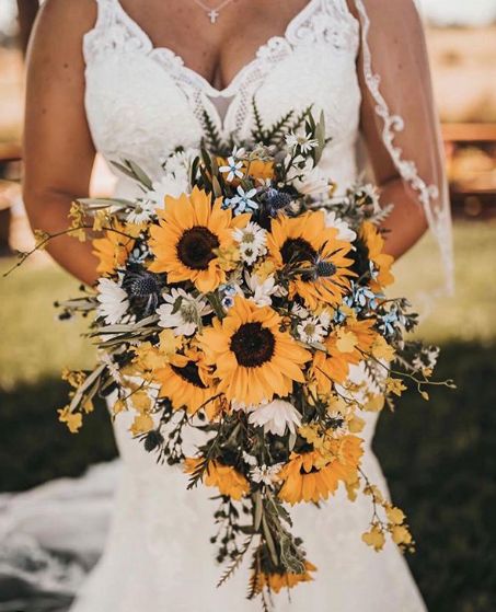 Sunflower And Burlap Wedding, Sunflower Brides Bouquet, Sunflower Wedding Theme Color Schemes Bridesmaid Dresses, Fall Sunflower Weddings Navy, Sunflower Wedding Bouquet Rustic Fall, Sunflowers And Daisies Wedding, Sunflowers And Pumpkins Wedding, Flowers That Go With Sunflowers, Wedding Flower Sunflower