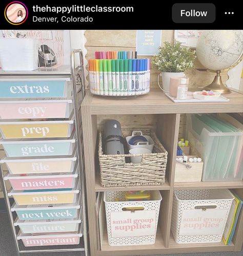 Small Classroom Setup, Teacher Supplies Organization, Classroom Supplies Organization, Teaching Classroom Decor, Habits And Routines, Classroom Organization Elementary, Teaching Organization, Prek Classroom, Classroom Makeover