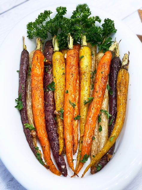 The Best Roasted Rainbow Carrots With Garlic - Alena's Home Cooking Roasted Tri Color Carrots, Rainbow Carrots Roasted, Rainbow Carrot Recipes, Colored Carrots, Carrots In Oven, Dream Fridge, Purple Carrots, Oven Roasted Carrots, Roasted Rainbow Carrots