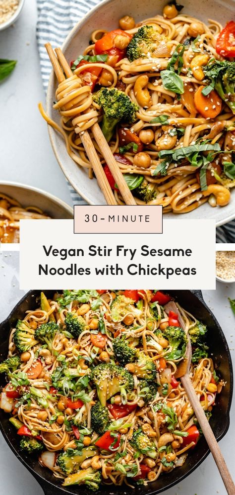 Wonderful vegan stir fry noodles made in just 30 minutes for the perfect weeknight dinner! These easy sesame noodles have a homemade stir fry sauce and a boost of plant-based protein from chickpeas. Top with fresh herbs and roasted cashews for a beautiful meal you'll make again and again. #vegan #stirfry #plantbased #healthydinner #vegandinner #glutenfreedinner #glutenfree #vegetarian Asian Dinner Recipes Vegetarian, Zoodle Stir Fry, Healthy Plant Based Dinner, Chickpea Dinner Recipes, Vegan Stir Fry Noodles, Vegan Stirfry, Easy Sesame Noodles, Gf Lunch, Quinoa Stir Fry