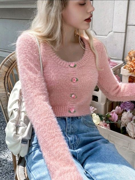 Modest Pink Outfits, Pink Girly Outfits, Pink Cropped Sweater, Shein Sweater, Ribbon Rosettes, Fuzzy Sweater, Pink Outfits, Just Girl Things, Girly Outfits