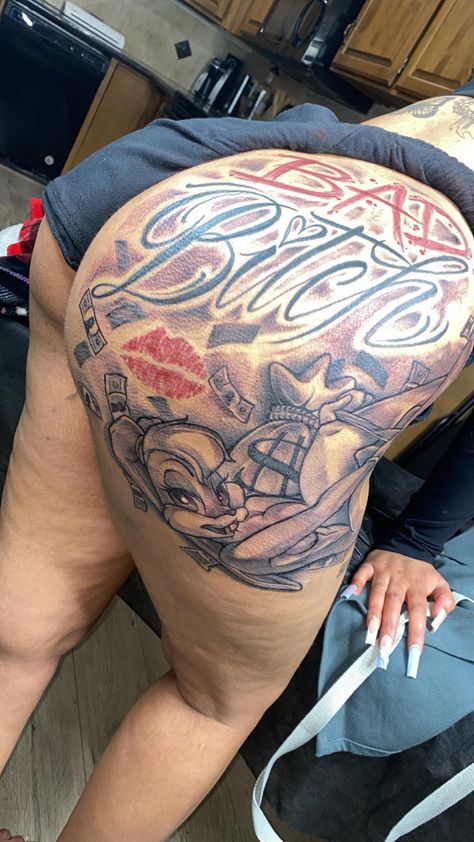 Tattoo In Buttocks, Tattoo On Buttcheek Big, Tattoos 2024 Woman, Full Buttcheek Tattoo, Baddie Thigh Tattoos Side, Tattoo Ideas For Buttocks, Bow Tattoos On Back Of Legs, Lower Buttocks Tattoo, Back Thigh Tattoos Women Black