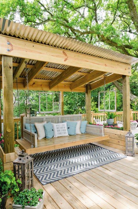 Brittany Morgan (via Bloglovin.com ) just an idea. i love the coloring with this and i really love the lanterns Terrace Ideas, Swing Bed, Backyard Seating, Backyard Kitchen, Outside Living, House Things, Budget Backyard, Dream Backyard, Backyard Projects