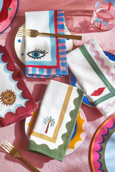 Introducing our Eleanor Bowmer Set of Four Icon Napkins that are as playful as they are practical. Each featuring its own quirky hand-illustrated icons like lips, palm trees, eyes, and sunshines, these napkins add a splash of colour and fun to any table setting. Made with 100% cotton, they are both soft and durable, designed to last for years to come. Pair them with the coordinating items from the Electric Range for a tablescape that is pure sunshine. Wash on low temperature. Machine washable. 100% Cotton. Illustrated Icons, Eleanor Bowmer, Colorful Table Setting, Glassware Kitchen, Electric Range, Linen Placemats, Cotton Napkins, Hand Illustration, Napkins Set