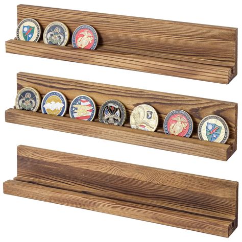 PRICES MAY VARY. Set of 3 wall mounted challenge coin and casino chip display rack with rustic dark burnt brown wood finish Ideal for displaying commemorative coins, challenge coins, and casino chips on its indented shelf Easy to install onto flat wall surfaces with their included mounting hardware Dark burnt wood design seamlessly blends with rustic and country-themed home, office and retail decors Approximate Dimensions: Overall - 2.5 H x 12.5 W x 1.5 D; Space between mounting brackets - 10.5 Chip Display, Coin Display Stand, Challenge Coin Holder, Military Coins, Military Challenge Coins, Challenge Coin Display, Trophy Case, Ledge Shelf, Wood Display Stand