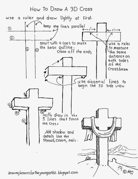 See more at my blog: http://drawinglessonsfortheyoungartist.blogspot.com/ Cross Drawing Step By Step, Easy Christian Drawings Art Journaling, 3d Cross Drawing, How To Draw A Cross, Cross Art Drawing, Cross Drawing Christian, Manger Drawing, Easy Christian Drawings, Drawing Of A Cross