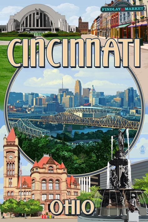 Cincinnati, Ohio - Montage Scenes (Art Prints, Wood & Metal Signs, Canvas, Tote Bag, Towel) Retro Travel Poster, Scene Art, Modern Photography, Cincinnati Ohio, Vintage Travel Posters, Wood Metal, Big Canvas Art, Great Big Canvas, Vintage Travel