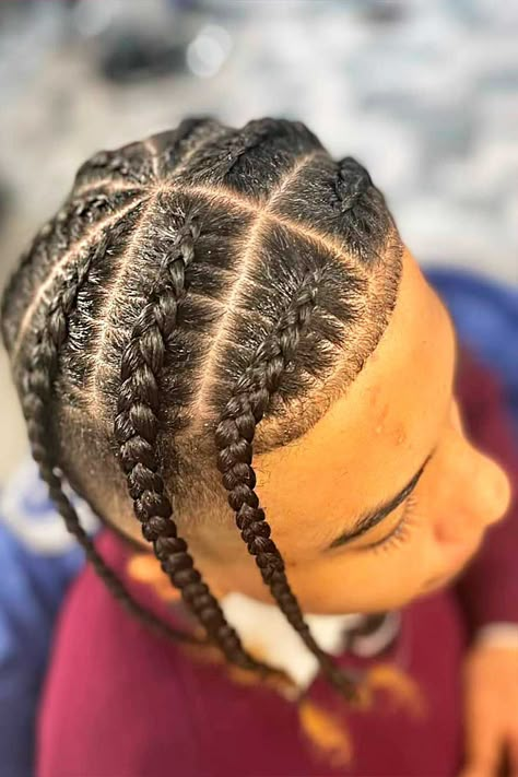 Plaited Hairstyles For Black Guys, Easy Men Braids, Braids Going Down On Both Sides, Best Braids For Men, Pop Smock Braids Boys, Four Braids Men, Hightop Fade Cornrows Men, Popsmoke Braids Men Short Hair, Pop Smock Braids