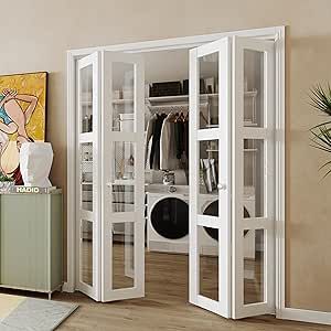 BARNER HOME Double Bi-Fold Doors, for 60in.（30in.x2） x 80in. Opening, 3-lite Clear Glass Closet Doors, Folding Doors with Hardware Kits, MDF, White Multifold Interior Doors Bi Fold French Doors, Folding French Doors Interior, Glass Bifold Doors Interior, Interior Office Doors, French Doors Closet, Bi Fold Doors Internal, Folding French Doors, Glass Bifold Doors, Folding Closet Doors