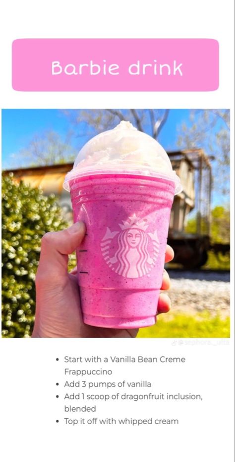 Starbuck Orders To Try, Barbie Starbucks Drink, Barbie Drink, Chicken Bell Pepper, Starbucks Copycat Recipes Drinks, Starbucks Pink Drink Recipe, Starbies Drinks, Starbucks Drink Menu, Pink Drink Recipes