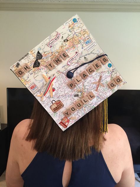 Travel graduation cap Scrabble, map, and scrapbook stickers grad cap idea, crafty, original International Studies Grad Cap, Scrapbook Grad Cap, Graduation Cap Designs Travel, Travel Grad Cap, Geography Graduation Cap, Travel Graduation Cap, Aviation Party Theme, December Graduation, Senior Year Ideas