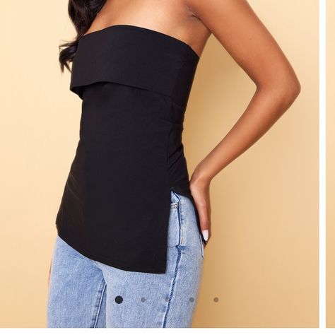 - Brand New With Tags - Size 10 And Size 12 Options - Fold Over Detailing At Neckline - Side Splits - Stretchy And Structured Material - Bundle For Discount Black Going Out Tops, Simple Fits, Side Design, Night Looks, Side Split, Lookbook Outfits, Black Stretch, Outfits For Teens, New Season