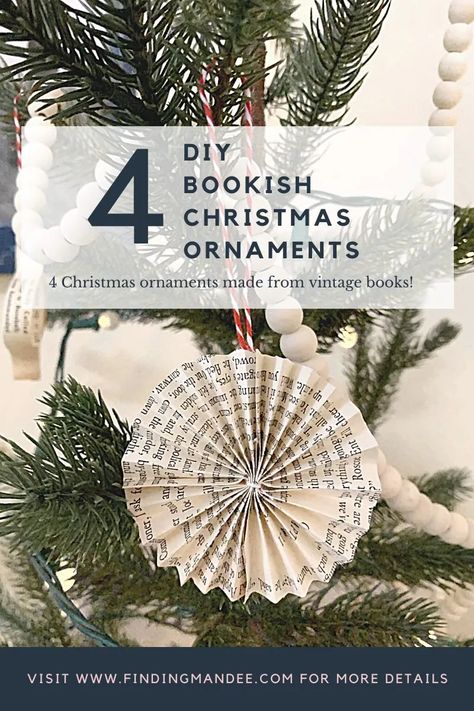 Book Pages Crafts Christmas, Old Book Ornaments Diy, Book Page Ornaments Christmas Decorations, Bookish Christmas Ornaments Diy, Ornaments Out Of Book Pages, Library Christmas Tree Ornaments, Library Ornaments Diy, Vintage Paper Christmas Ornaments, Christmas Book Ornaments