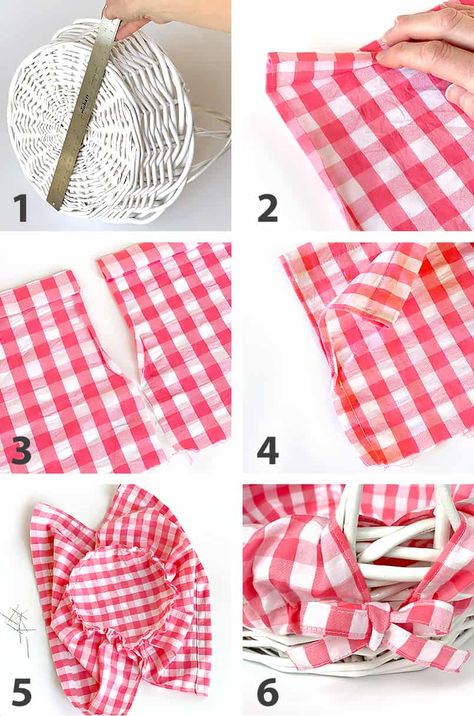 Sew Basket Liner, Round Basket Liner Pattern, Easter Basket Liners Diy, Picnic Basket Liner Diy, Rush Baskets Diy, Diy Easter Basket Liner, Easter Basket Sewing Pattern Free, Easter Basket Liner Pattern, Basket Liners Diy How To Make