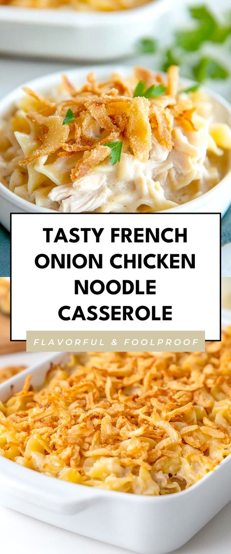 Image for Tasty French Onion Chicken Noodle Casserole Healthy Chicken Noodle Casserole, Chicken Noodle Casserole Recipes, Chicken Noodle Casserole Easy, French Fried Onion Chicken, Creamy Chicken Noodle Casserole, Homemade White Sauce, Chicken Noodle Casserole Recipe, Noodle Casserole Recipes, French Onion Chicken