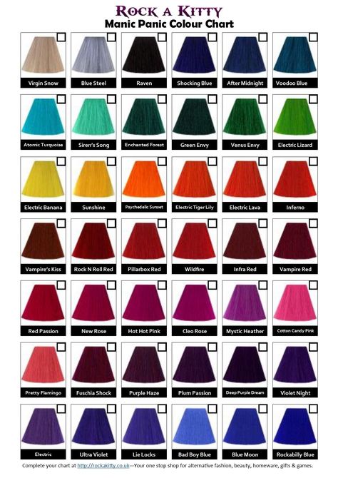 Manic Panic Color Chart, Hair Tips Dyed Blue, Purple Color Chart, Hair Dye Color Chart, Manic Panic Colors, Manic Panic Hair Dye, Manic Panic Hair Color, Manic Panic Hair, Bad Boys Blue